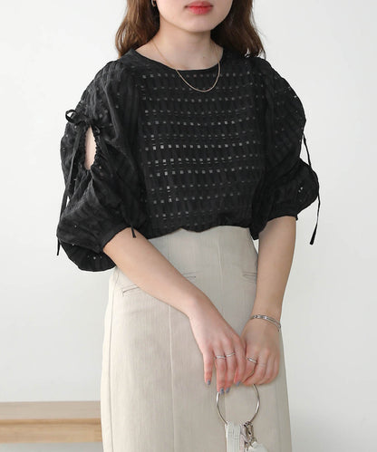 SHEER CHECK SIDE GATHER BLOUSE