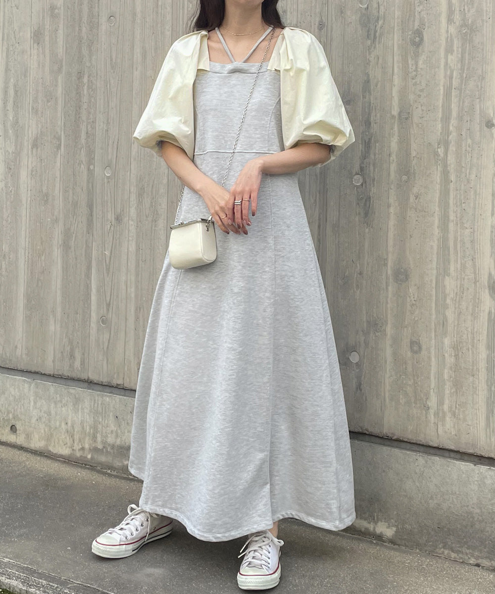 SLEEVE DIFFERENT MATERIAL FLARE ONEPIECE