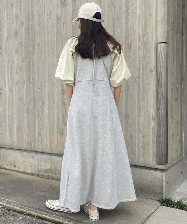 SLEEVE DIFFERENT MATERIAL FLARE ONEPIECE