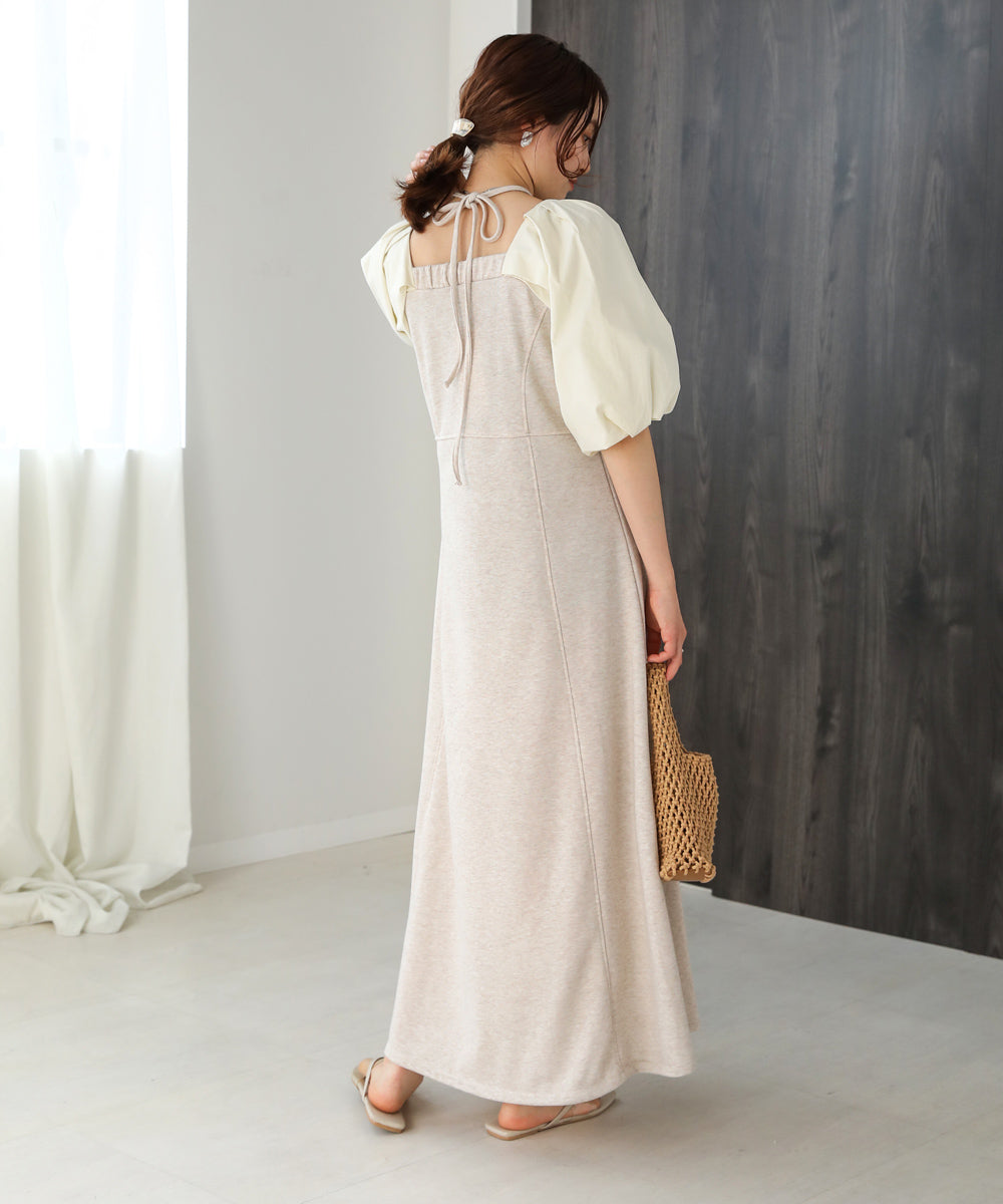 SLEEVE DIFFERENT MATERIAL FLARE ONEPIECE