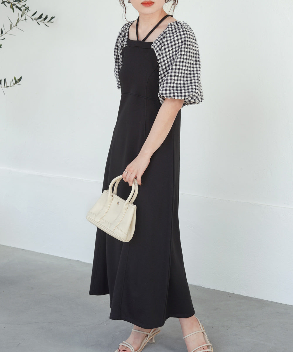 SLEEVE DIFFERENT MATERIAL FLARE ONEPIECE