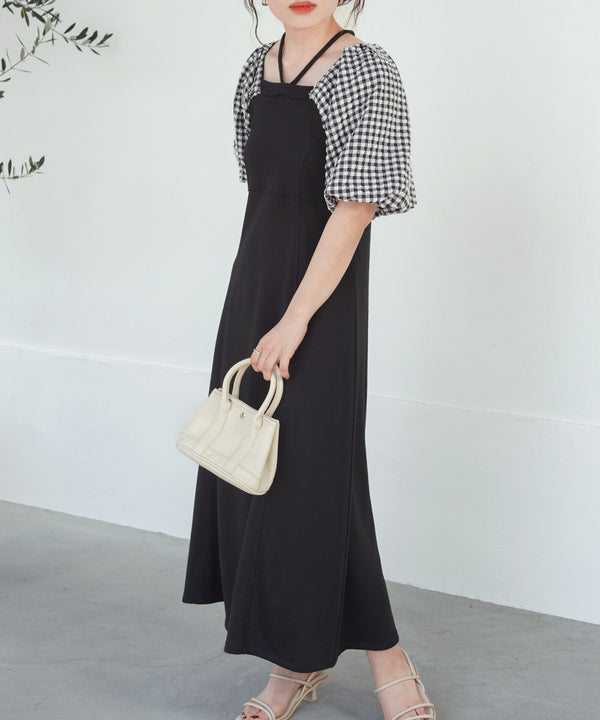 SLEEVE DIFFERENT MATERIAL FLARE ONEPIECE