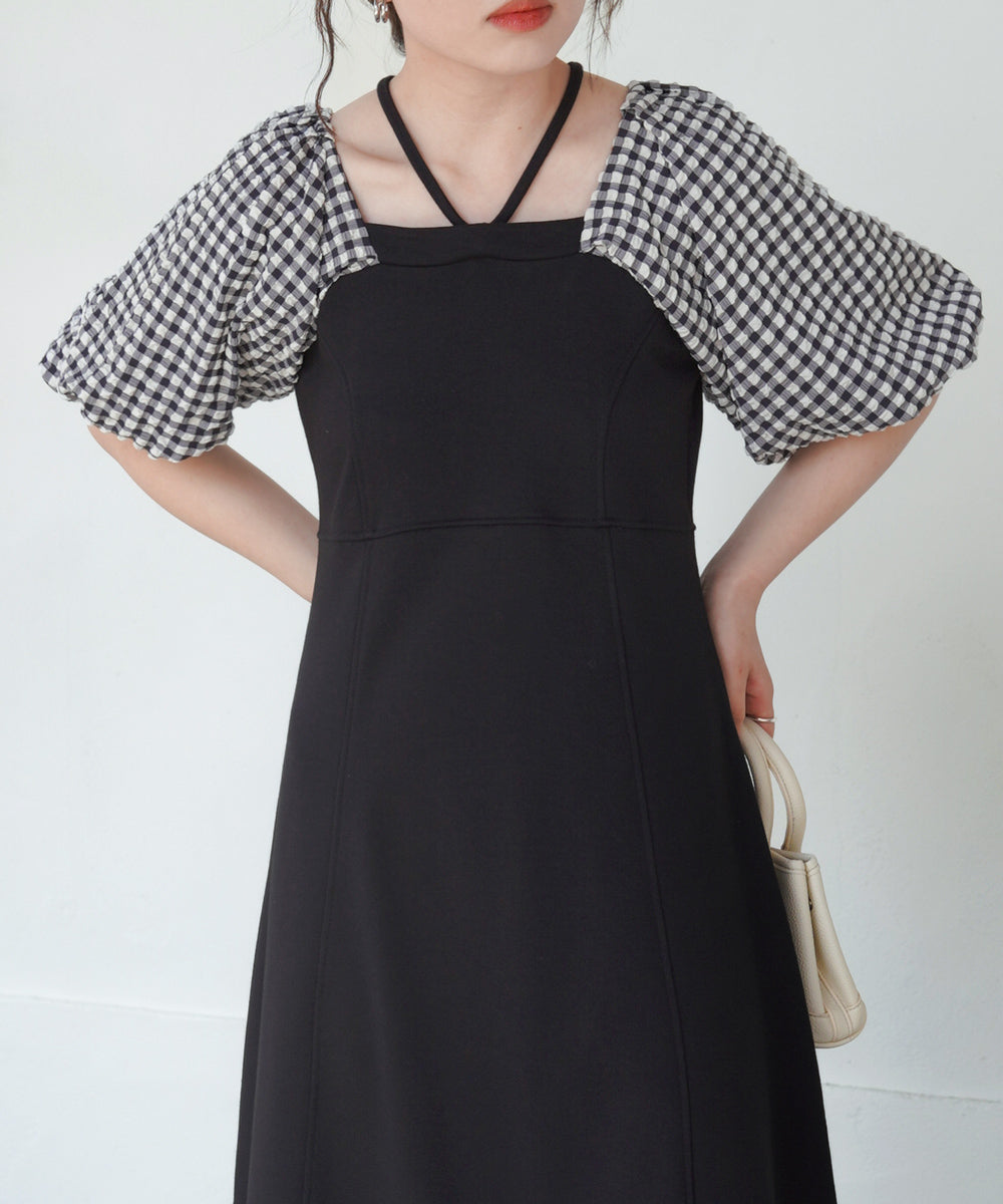 SLEEVE DIFFERENT MATERIAL FLARE ONEPIECE