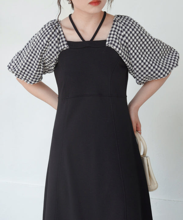 SLEEVE DIFFERENT MATERIAL FLARE ONEPIECE