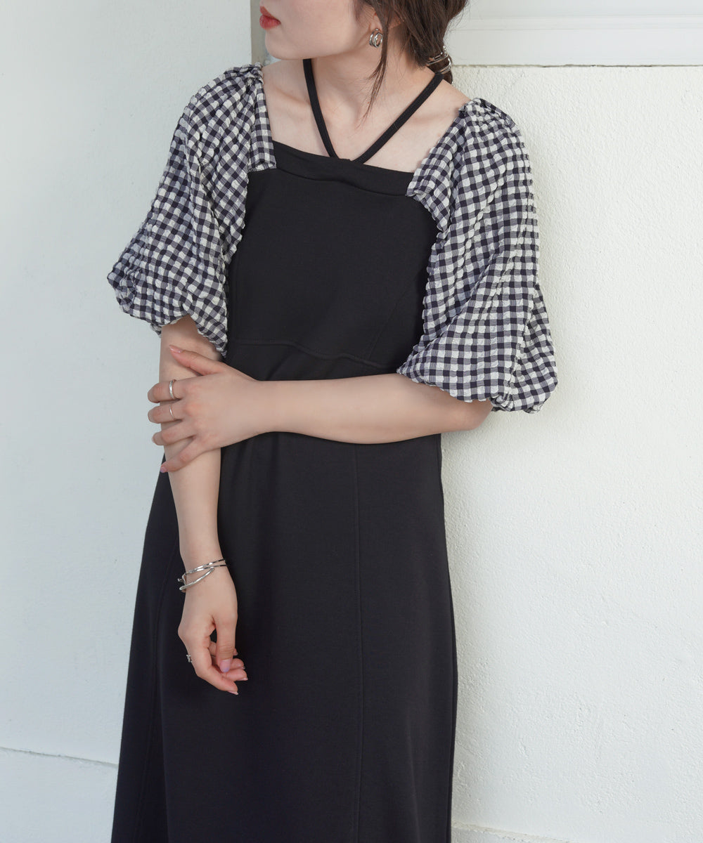 SLEEVE DIFFERENT MATERIAL FLARE ONEPIECE