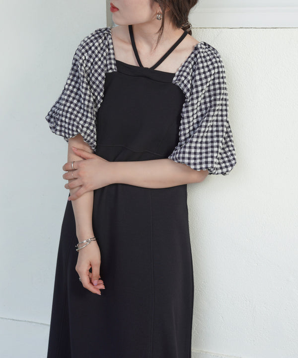 SLEEVE DIFFERENT MATERIAL FLARE ONEPIECE