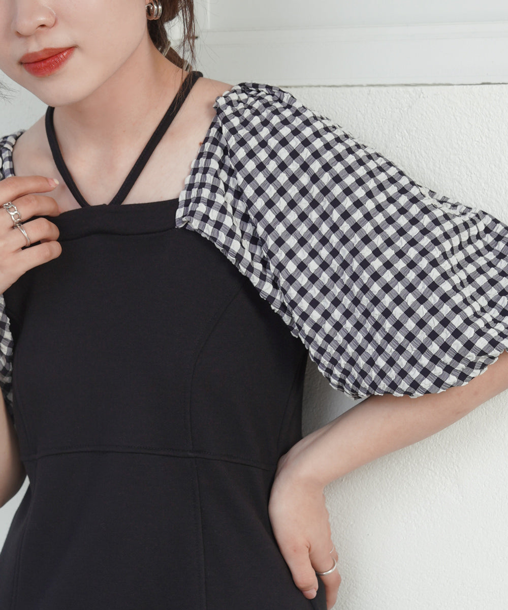 SLEEVE DIFFERENT MATERIAL FLARE ONEPIECE