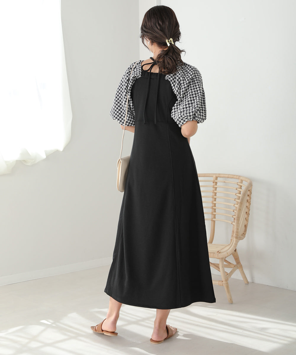 SLEEVE DIFFERENT MATERIAL FLARE ONEPIECE