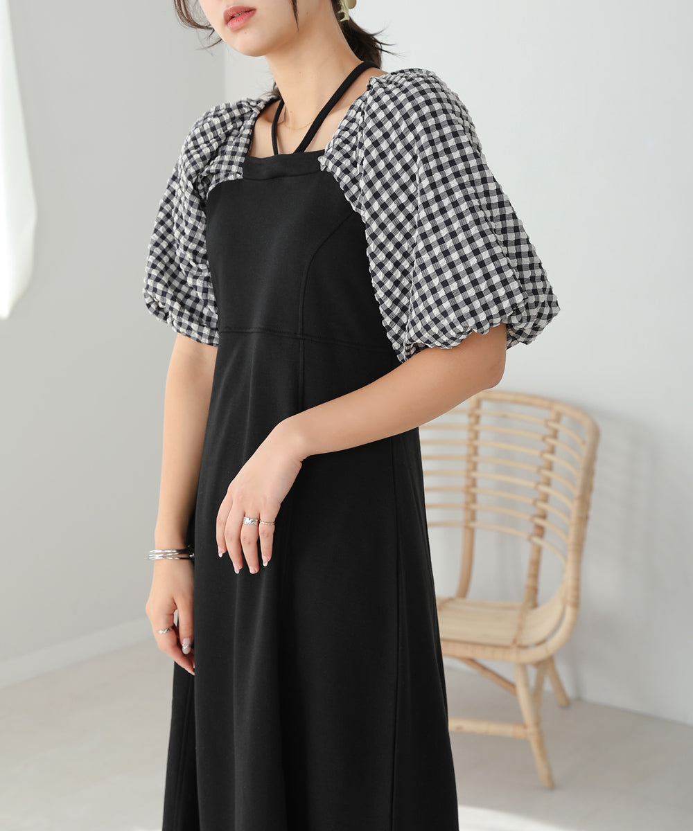 SLEEVE DIFFERENT MATERIAL FLARE ONEPIECE