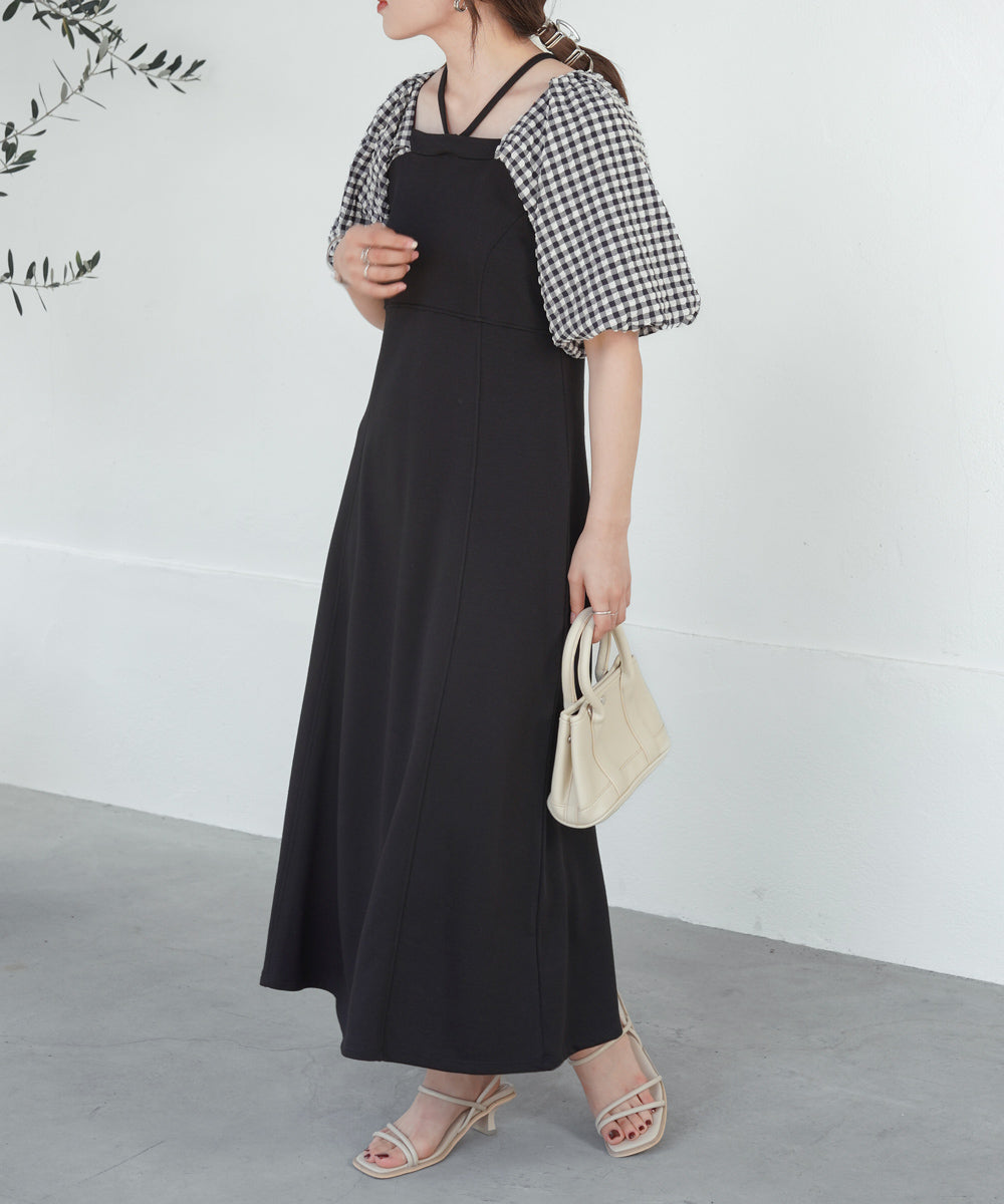 SLEEVE DIFFERENT MATERIAL FLARE ONEPIECE