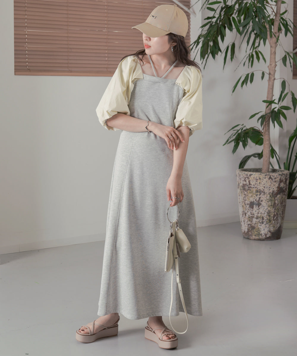 SLEEVE DIFFERENT MATERIAL FLARE ONEPIECE