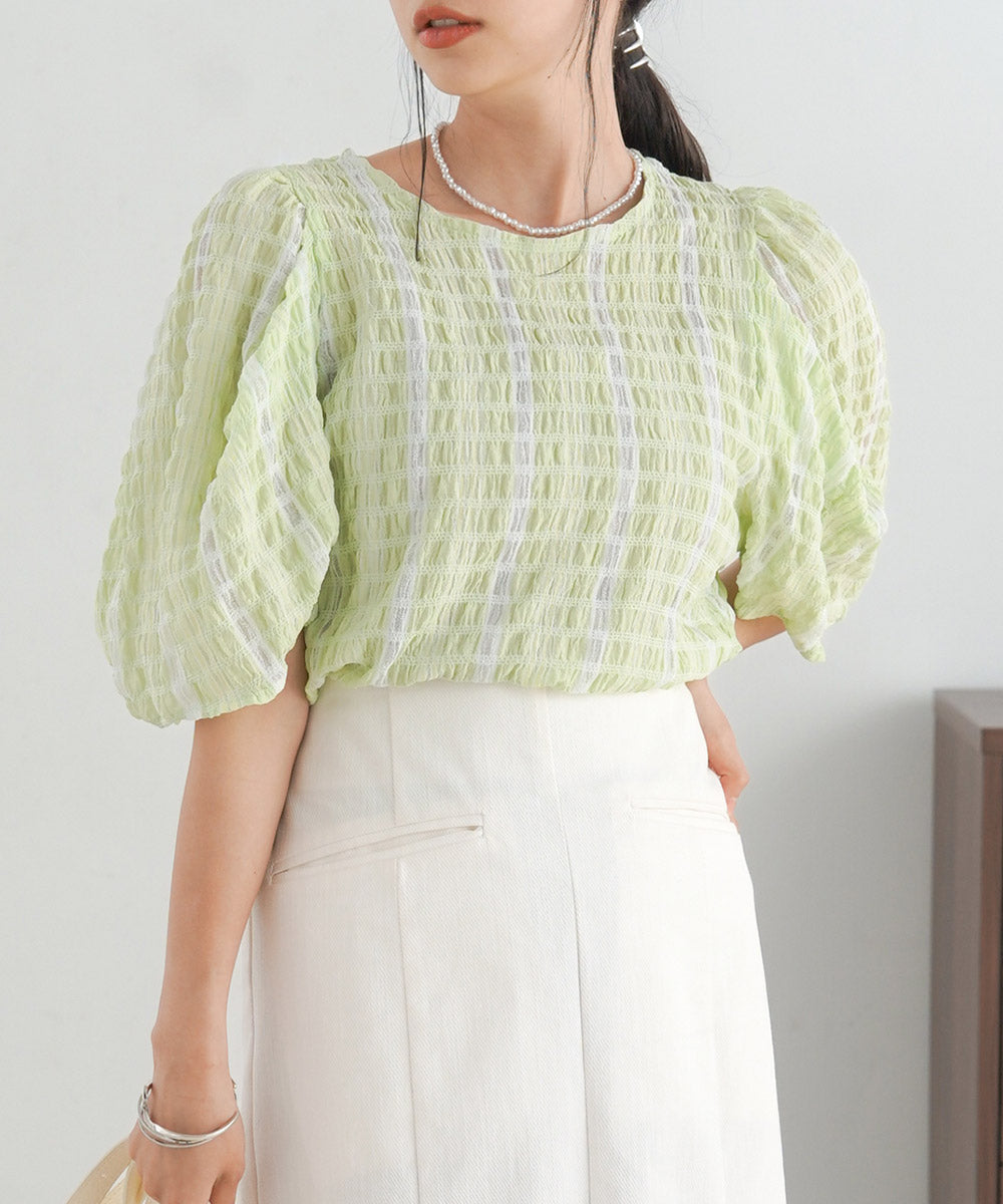 SHEER CHECK PUFF SLEEVE BLOUSE