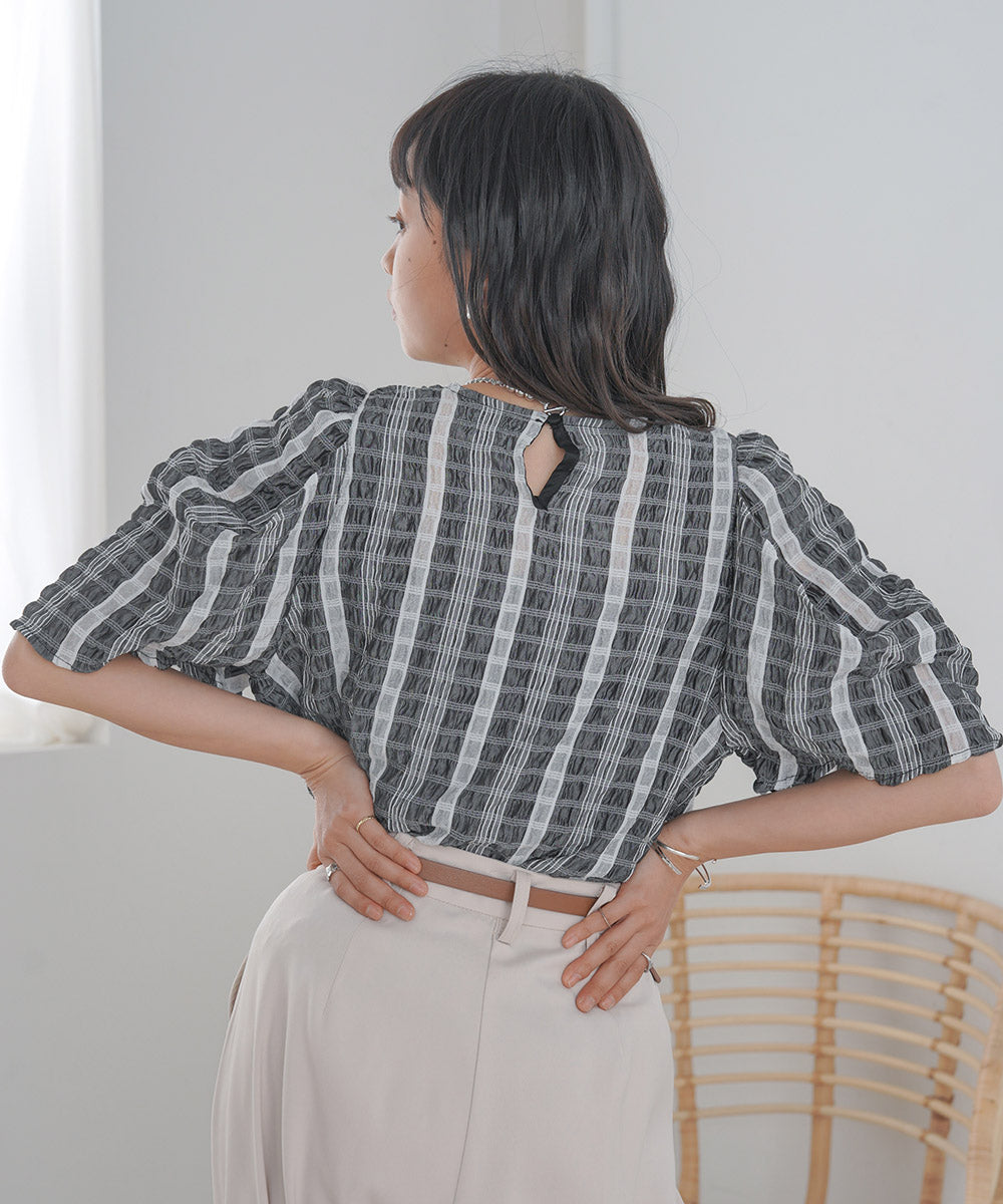 SHEER CHECK PUFF SLEEVE BLOUSE